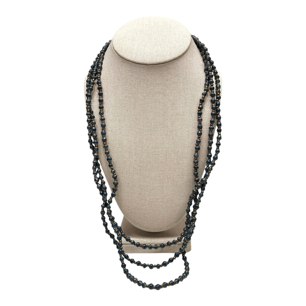 Blue Beaded Triple-Strand Long Necklace